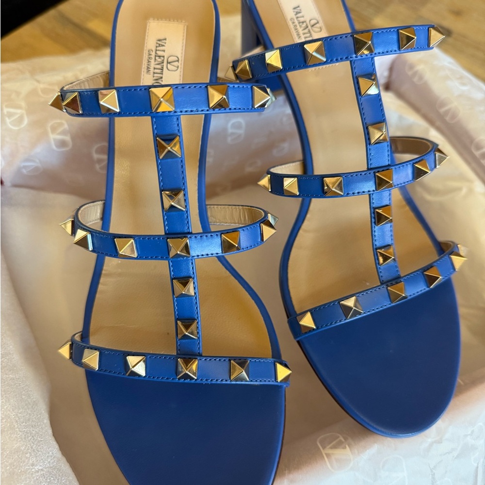 Valentino Blue Strappy Sandals with Pyramid Studs